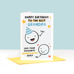 Load image into Gallery viewer, This card features two happy faces, one wearing a party hat representing Grandad and the other representing Granddaughter. The card reads &#39;happy birthday to the best Grandpa, love your favourite Granddaughter&#39;. There is space underneath the word Granddaughter to personalise with a name.
