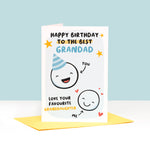 Load image into Gallery viewer, This card features two happy faces, one wearing a party hat representing Grandad and the other representing Granddaughter. The card reads &#39;happy birthday to the best Grandad, love your favourite Granddaughter&#39;. 
