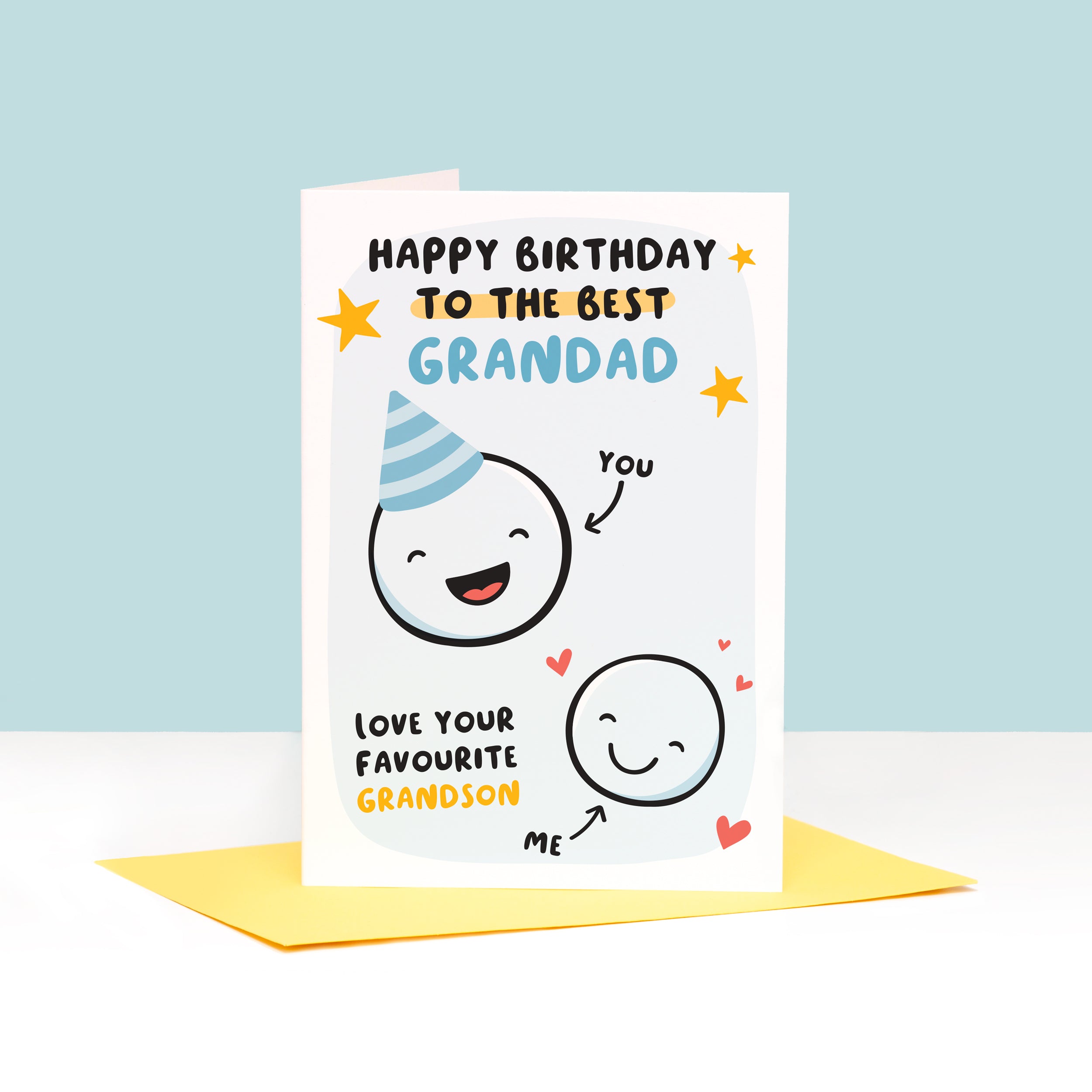 This card features two happy faces, one wearing a party hat representing Grandad and the other representing Grandson. The card reads 'happy birthday to the best Grandad, love your favourite Grandson'. 