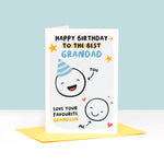 Load image into Gallery viewer, This card features two happy faces, one wearing a party hat representing Grandad and the other representing Grandson. The card reads &#39;happy birthday to the best Grandad, love your favourite Grandson&#39;. 
