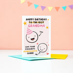 Load image into Gallery viewer, This card features two happy faces, one wearing a party hat representing Grandama and the other representing Granddaughter. The card reads &#39;happy birthday to the best Grandma, love your favourite Granddaughter&#39;. There is space underneath the word Granddaughter to personalise with a name.
