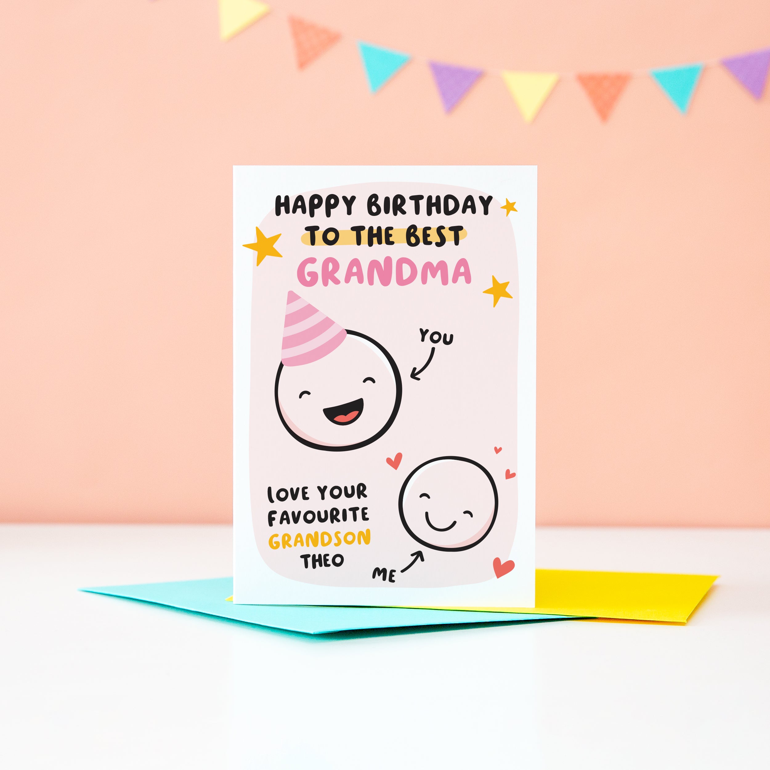 This card features two happy faces, one wearing a party hat representing Grandama and the other representing Grandson. The card reads 'happy birthday to the best Grandma, love your favourite Grandson'. There is space underneath the word Grandson to personalise with a name.