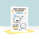 Load image into Gallery viewer, This card features two happy faces, one wearing a party hat representing Uncle and the other representing Nephew. The card reads &#39;happy birthday to the best Uncle, love your favourite Nephew&#39;. There is space underneath the word Nephew to personalise with a name.
