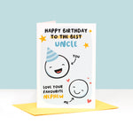 Load image into Gallery viewer, This card features two happy faces, one wearing a party hat representing Uncle and the other representing Nephew. The card reads &#39;happy birthday to the best Uncle, love your favourite Nephew&#39;. 
