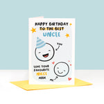 Load image into Gallery viewer, This card features two happy faces, one wearing a party hat representing Uncle and the other representing Niece. The card reads &#39;happy birthday to the best Uncle, love your favourite Niece&#39;. There is space underneath the word Niece to personalise with a name.
