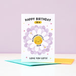 Load image into Gallery viewer, Text on this card reads ‘Happy birthday to a blooming lovely Gran, love you lots!’. A cute and punny card featuring a happy flower in full bloom to represent Grandma, with a collection of hearts. The card can be personalised with Grandma’s preferred name eg. Gran, Grannie, Nana etc.
