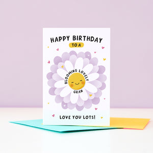 Text on this card reads ‘Happy birthday to a blooming lovely Gran, love you lots!’. A cute and punny card featuring a happy flower in full bloom to represent Grandma, with a collection of hearts. The card can be personalised with Grandma’s preferred name eg. Gran, Grannie, Nana etc.