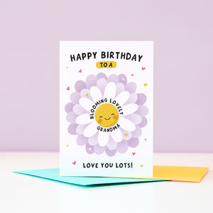 Text on this card reads ‘Happy birthday to a blooming lovely Grandma, love you lots!’. A cute and punny card featuring a happy flower in full bloom to represent Grandma, with a collection of hearts. The card can be personalised with Grandma’s preferred name eg. Gran, Grannie, Nana etc.