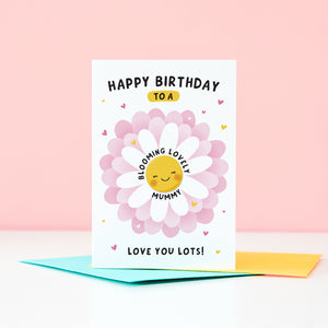 Text on this card reads ‘Happy birthday to a blooming lovely Mummy, love you lots!’. A cute and punny card featuring a happy flower in full bloom to represent Mum, with a collection of hearts. The card can be personalised with Mum’s preferred name eg. Mum, Mummy, Mam etc.