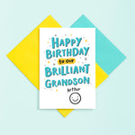 Load image into Gallery viewer, A hand lettered typographic card for a brilliant Grandson. The card features a collection of stars around the text and can be personalised with a name above a winking smiley face.
