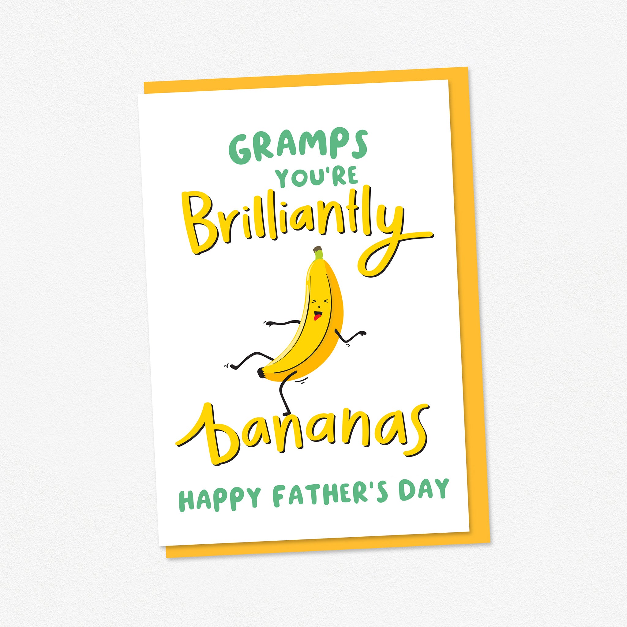 A bright and happy Father’s Day card featuring a dancing banana with a silly face and the words Gramps, you're brilliantly bananas.