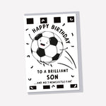 Load image into Gallery viewer, A fun football birthday card which can be personalised for any recipient and their favourite football team. The card reads ‘ happy birthday to a brilliant Son …and no.1 Newcastle fan’ and features a happy football and confetti customised in the chosen teams colours.
