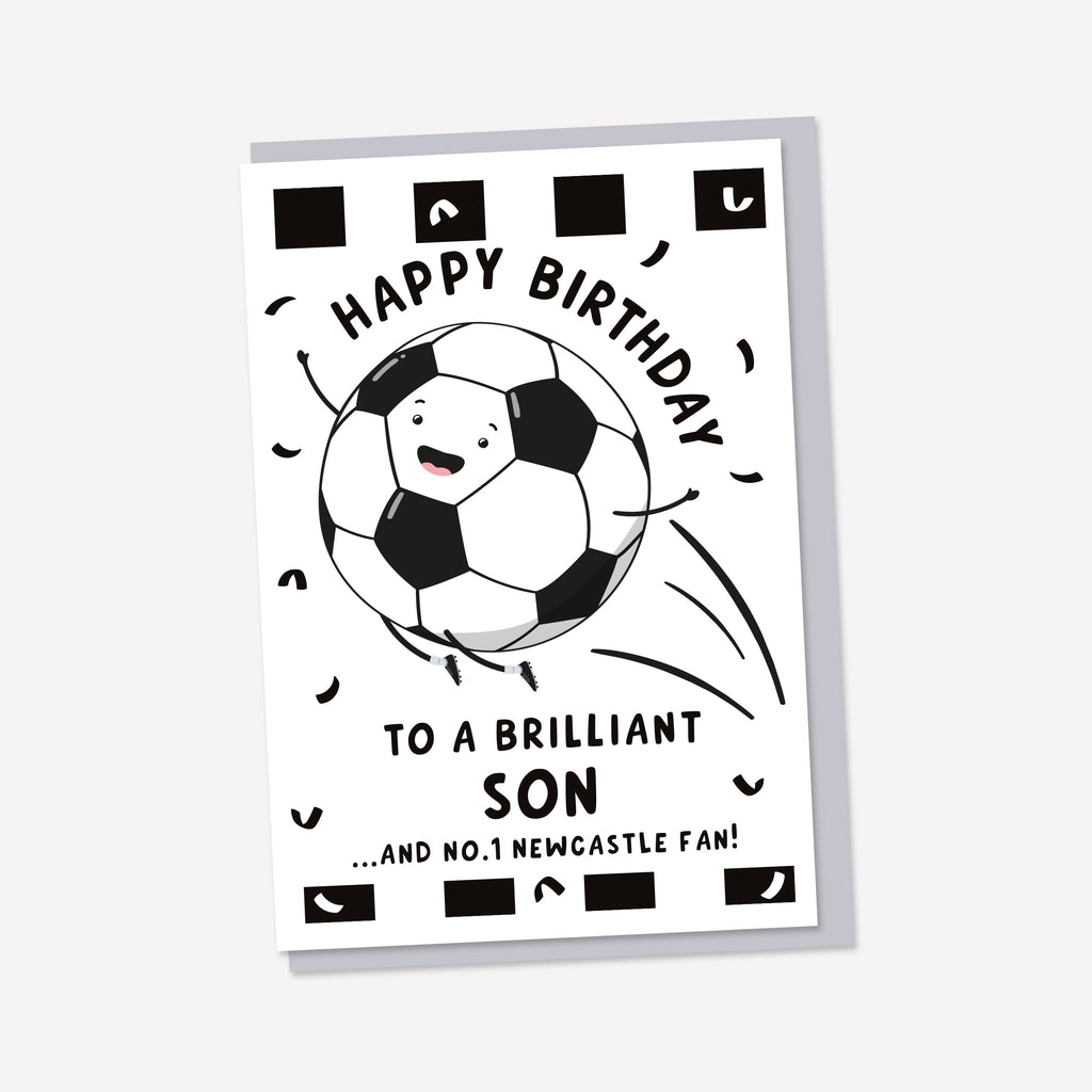 A fun football birthday card which can be personalised for any recipient and their favourite football team. The card reads ‘ happy birthday to a brilliant Son …and no.1 Newcastle fan’ and features a happy football and confetti customised in the chosen teams colours.