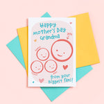 Load image into Gallery viewer, A cute Mother&#39;s day card for Grandma from her biggest fans. This card features a smiling face representing Grandma and 3 children&#39;s faces which can be personalised with names. The background of the card is light pink and includes a collection of hearts around the design.
