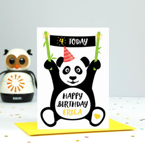 Cute panda birthday card with personalised name and age. Shows a sitting panda holding up a birthday banner