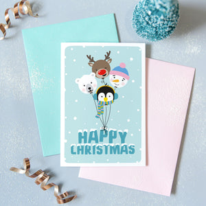 Happy Christmas. A cute Christmas card featuring a collection of balloon characters - polar bear, penguin, snowman and red nosed reindeer. Set against a turquoise background and text.