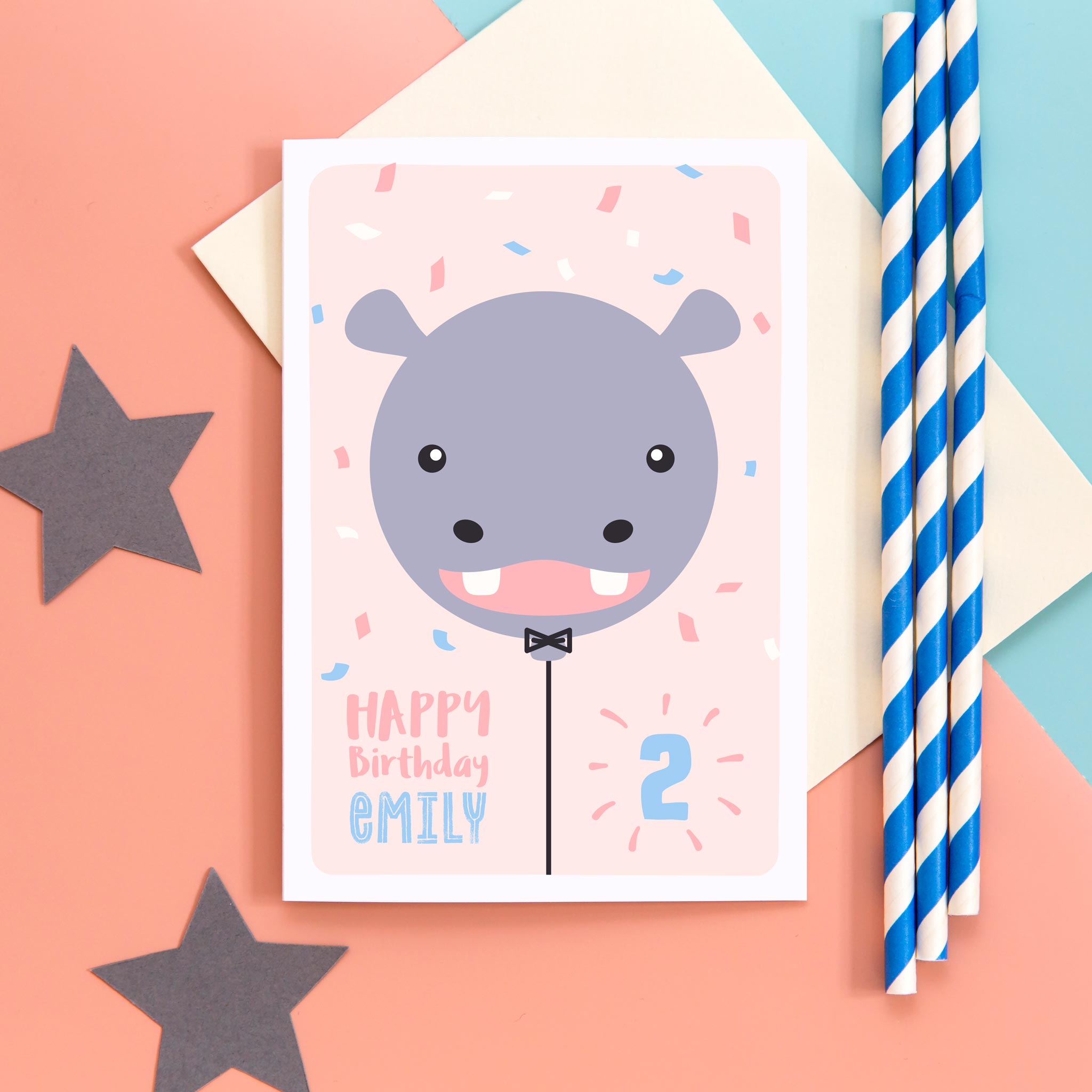 Happy birthday card with cute baby hippopotamus face on a balloon and any personalised name and age.