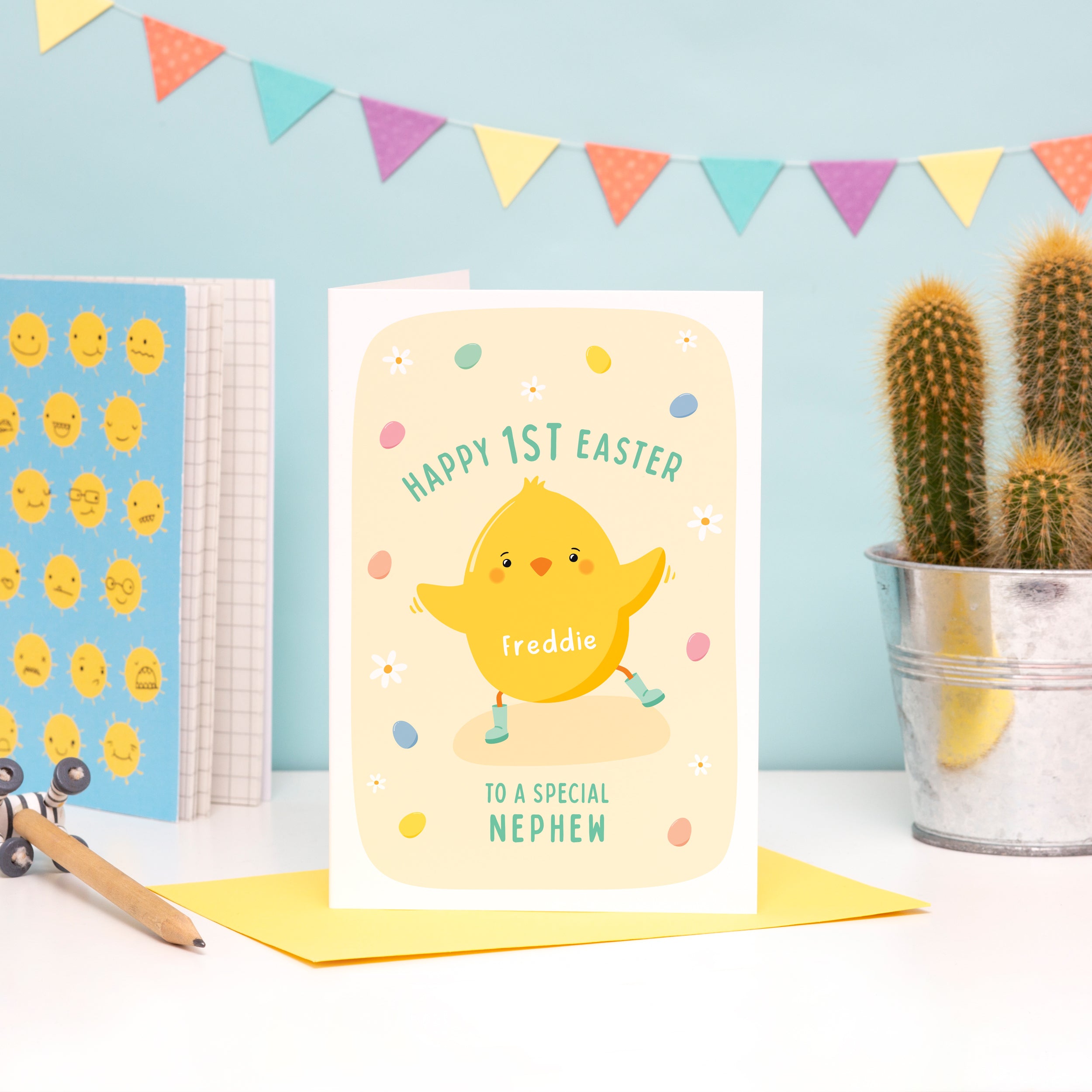 A super cute 1st Easter card featuring a little Easter Chick, mini eggs and spring daisies. The card can be personalised for any recipient and can include baby's name.