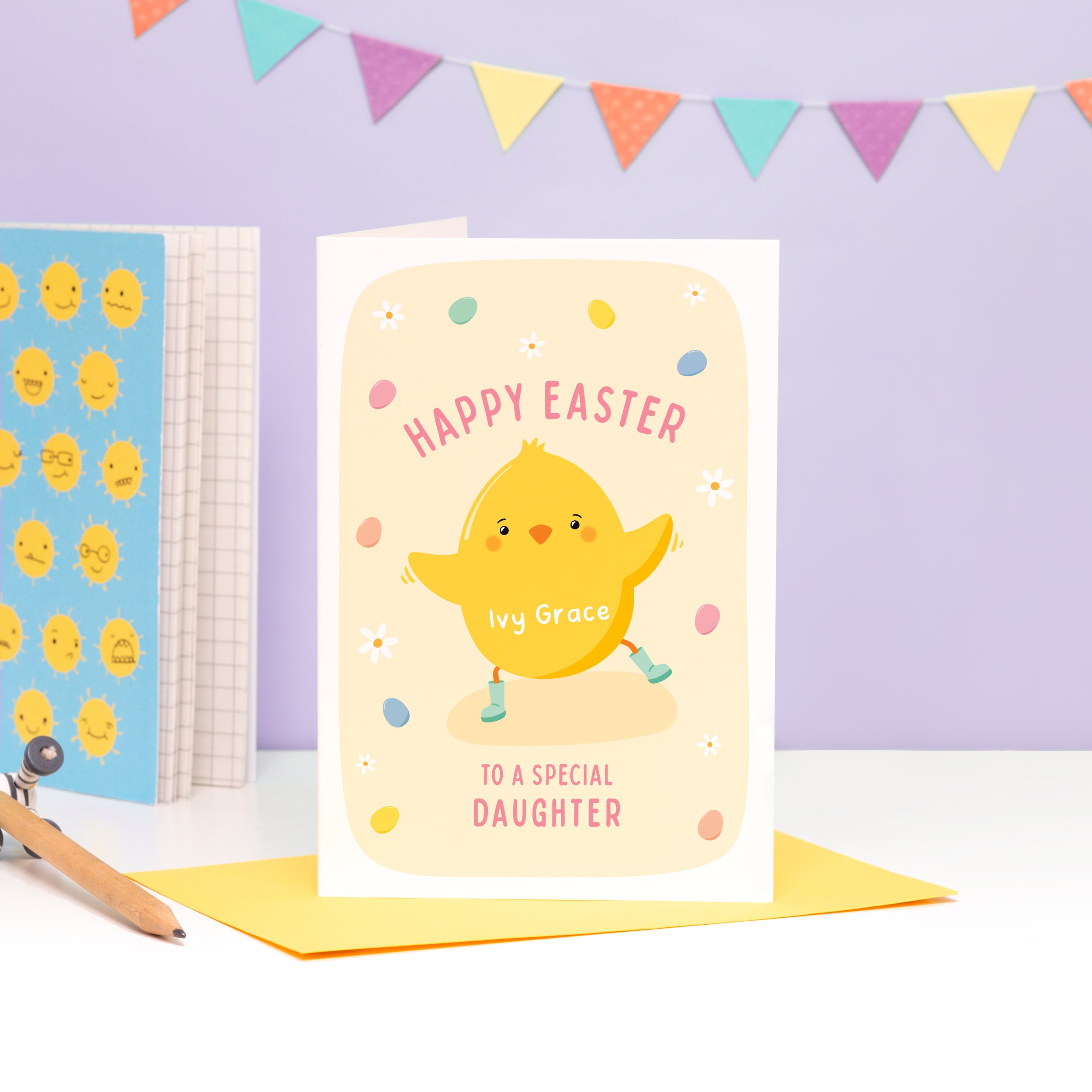 A super cute Easter card featuring an little Easter Chick, mini eggs and spring daisies. The card can be personalised for any recipient and can include a name.