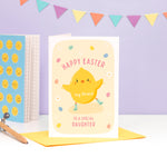 Load image into Gallery viewer, A super cute Easter card featuring an little Easter Chick, mini eggs and spring daisies. The card can be personalised for any recipient and can include a name.
