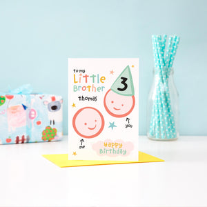 To my little brother birthday card. Colourful card features two happy faces and personalised with any name and age