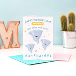 Load image into Gallery viewer, A cute Mother&#39;s day card from her little whirlwinds. The card reads ‘happy mother’s day mummy love from your little whirlwinds and features 3 happy whirlwind illustrations with a collection of hearts. The whirlwinds represents the children and can be personalised with names.
