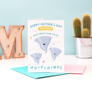 A cute Mother's day card from her little whirlwinds. The card reads ‘happy mother’s day mummy love from your little whirlwinds and features 3 happy whirlwind illustrations with a collection of hearts. The whirlwinds represents the children and can be personalised with names.