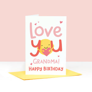 Love you Grandma Happy Birthday. A cute card with a hug and a heart for Grandma. The card can be personalised with Grandma's preferred name.