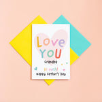 Load image into Gallery viewer, Love you Grandpa, so much. Happy Father&#39;s day. A cute and colourful greetings card with a love heart on white background. Can be customised with grandads name.
