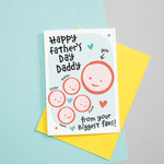 Load image into Gallery viewer, Happy first Father&#39;s day - from your biggest fans. This sweet Father&#39;s day card features smiling father and four childrens faces with hearts against a turquoise background. Each child&#39;s name can be added.
