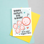 Load image into Gallery viewer, Happy Father&#39;s day Grandad - from your biggest fans! A cute greetings card for Grandad featuring the smiling faces of four children which can be customised to include their names. The card colours are Turquoise and red.
