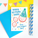 Load image into Gallery viewer, Happy birthday daddy from your biggest fans. Personalised birthday card with two cute children and father drawings. The card is personalised with the childrens names and fathers age on his party hat. Green hat and blue text
