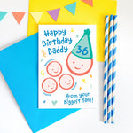 Load image into Gallery viewer, Happy birthday daddy from your biggest fans. Personalised birthday card with three cute children and father drawings. The card is personalised with the childrens names and fathers age on his party hat. Green hat and blue text
