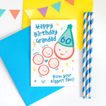 Load image into Gallery viewer, Happy birthday Grandad from your biggest fans. Personalised birthday card with four cute children and Grandfather drawings. The card is personalised with the childrens names and Grandfathers age on his party hat.
