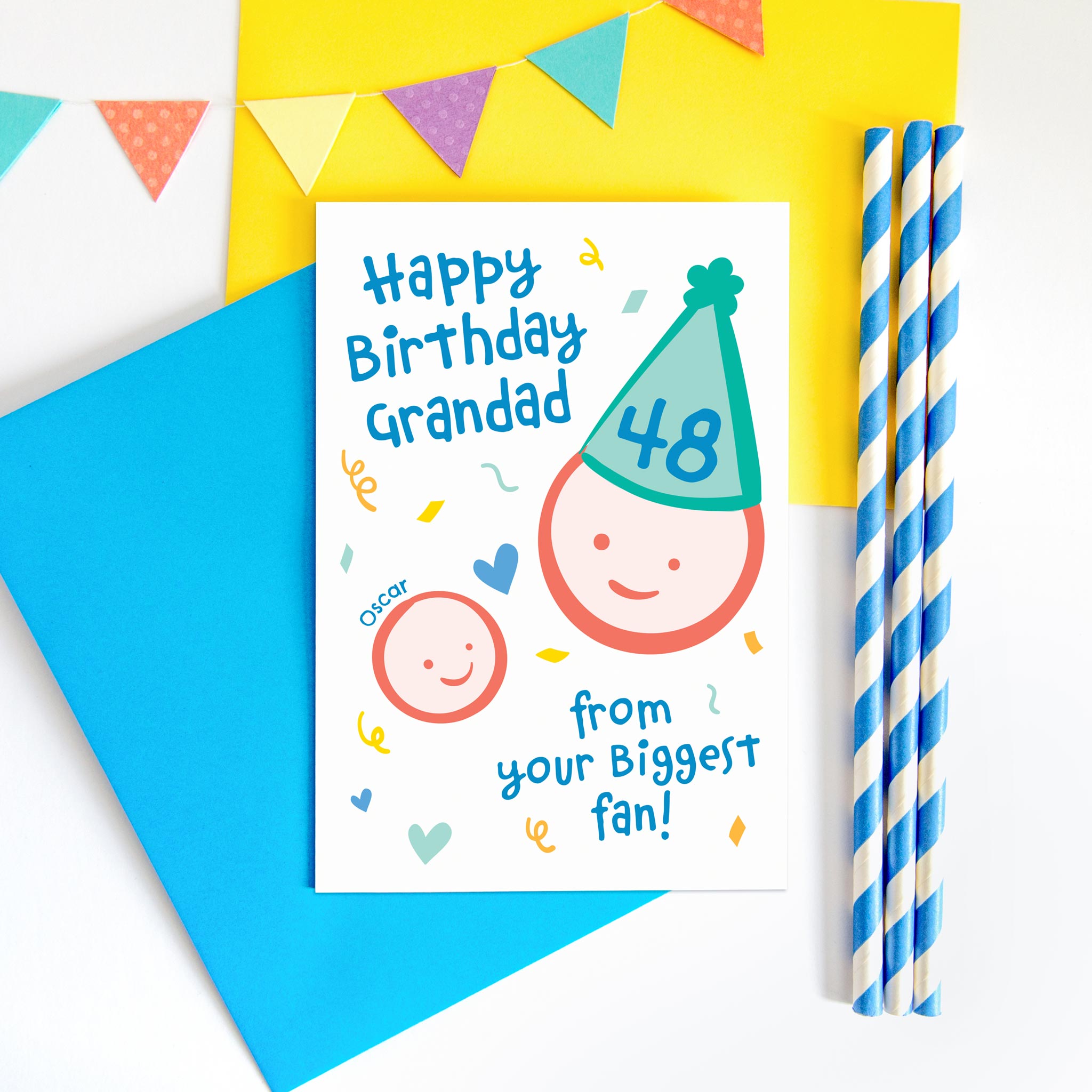 Happy birthday Grandad from your biggest fan. Personalised birthday card with cute child and Grandfather drawings. The card is personalised with the childrens names and Grandfathers age on his party hat.