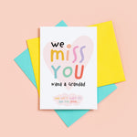 Load image into Gallery viewer, We miss you card. Cute and colourful text over a love heart. This card is personalised with the recipients name and includes the message, &#39;We can&#39;t wait to see you soon&#39;
