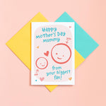 Load image into Gallery viewer, A cute Mother&#39;s day card for Mummy from her biggest fan. This card features a smiling face representing Mummy and a childs faces which can be personalised with their name. The background of the card is light pink and includes a collection of hearts around the design.
