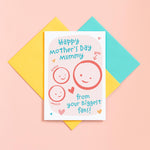 Load image into Gallery viewer, A cute Mother&#39;s day card for Mummy from her biggest fans. This card features a smiling face representing Mummy and 2 children&#39;s faces which can be personalised with their names. The background of the card is light pink and includes a collection of hearts around the design.
