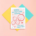 Load image into Gallery viewer, A cute Mother&#39;s day card for Mummy from her biggest fans. This card features a smiling face representing Mummy and 3 children&#39;s faces which can be personalised with their names. The background of the card is light pink and includes a collection of hearts around the design.
