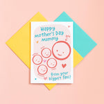 Load image into Gallery viewer, A cute Mother&#39;s day card for Mummy from her biggest fans. This card features a smiling face representing Mummy and 4 children&#39;s faces which can be personalised with their names. The background of the card is light pink and includes a collection of hearts around the design.
