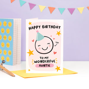 Happy birthday to my wonderful Auntie. A super cute card featuring a happy face wearing a party hat to represent Auntie, with a collection of stars and hearts. The card can be personalised with Aunties name.