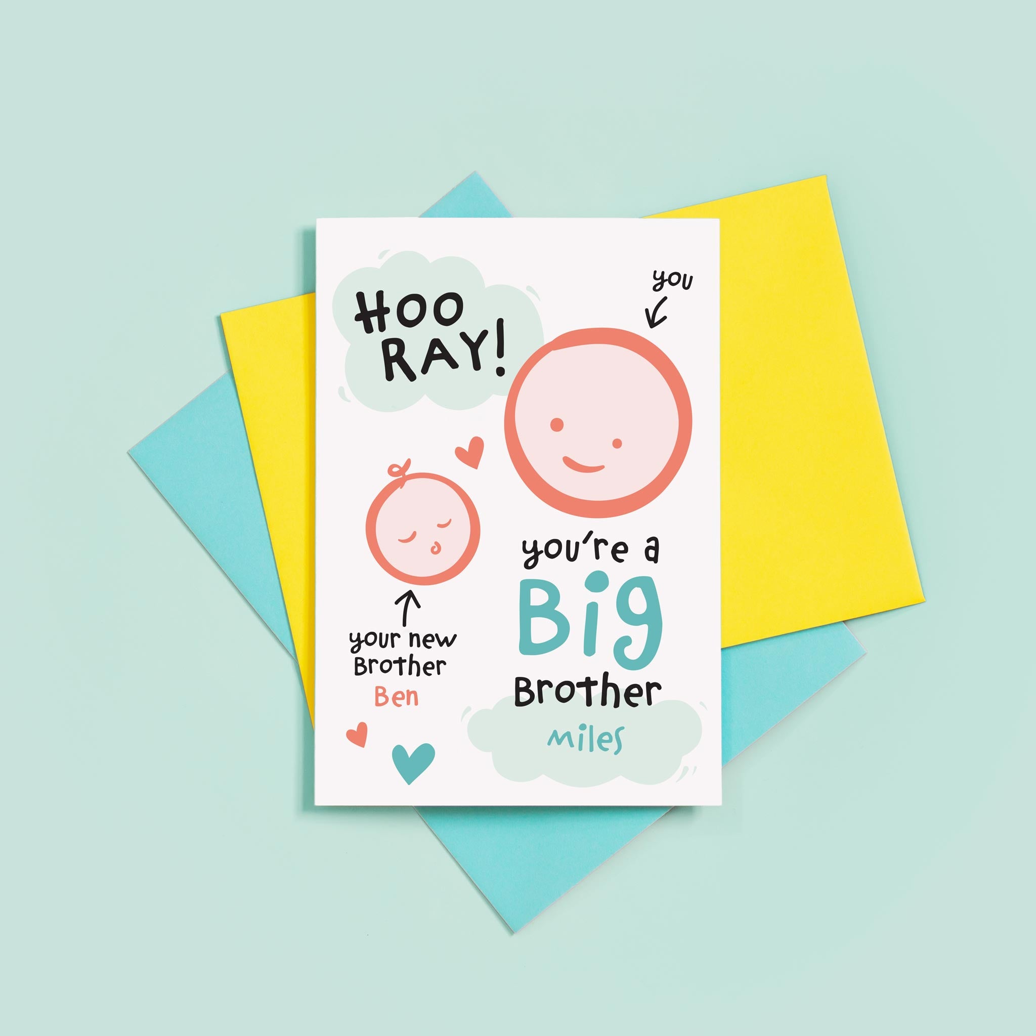 Hooray, you're a new big brother. Personalised card to congratulate someone on becoming a new big brother to a baby brother. The card features two smiling faces to represent brother and sister.