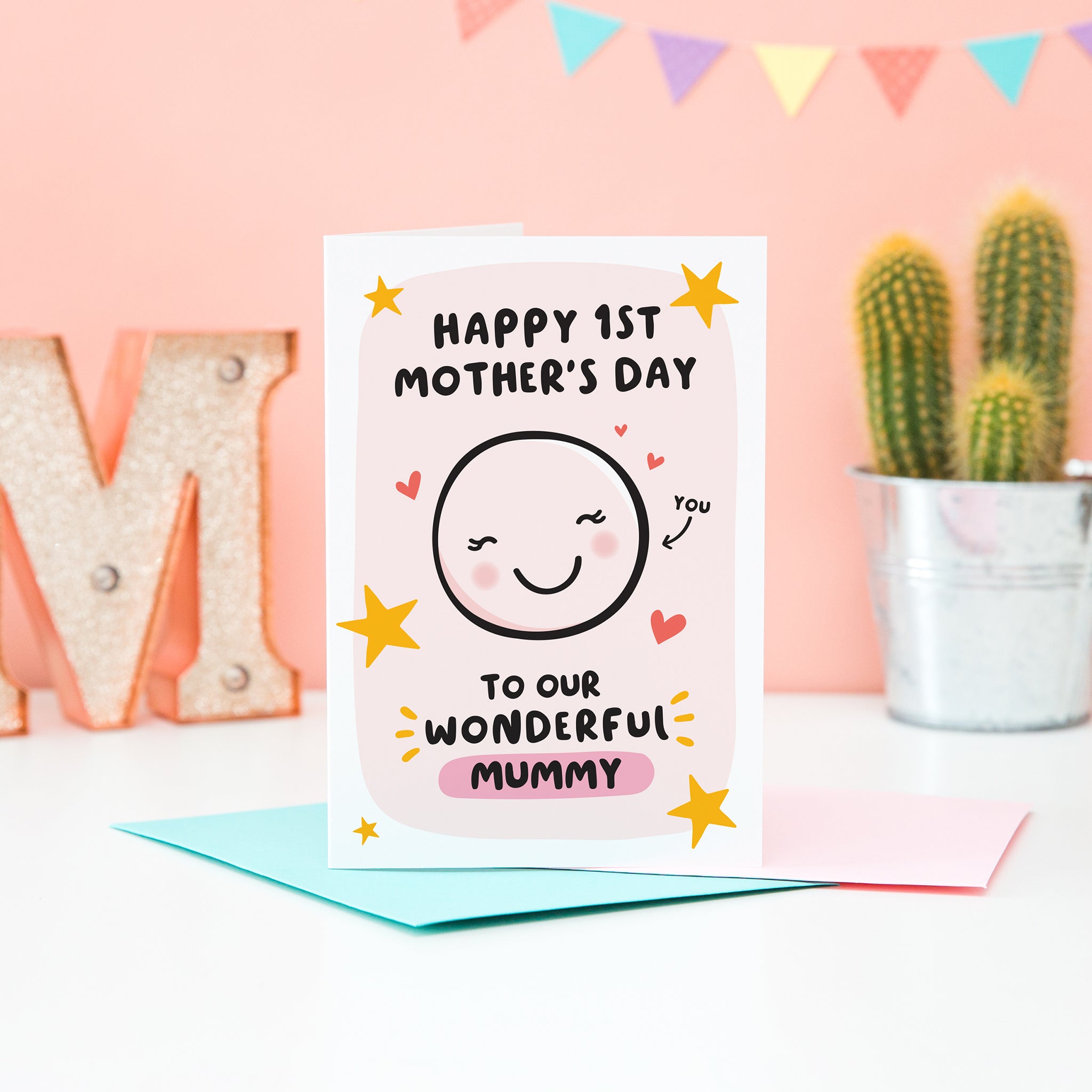 Happy 1st Mother’s Day to our wonderful mummy. A super cute card featuring a happy face to represent mummy, with a collection of stars and hearts. The card can be personalised with Mummy’s favourite name (mum, mom, mama etc).