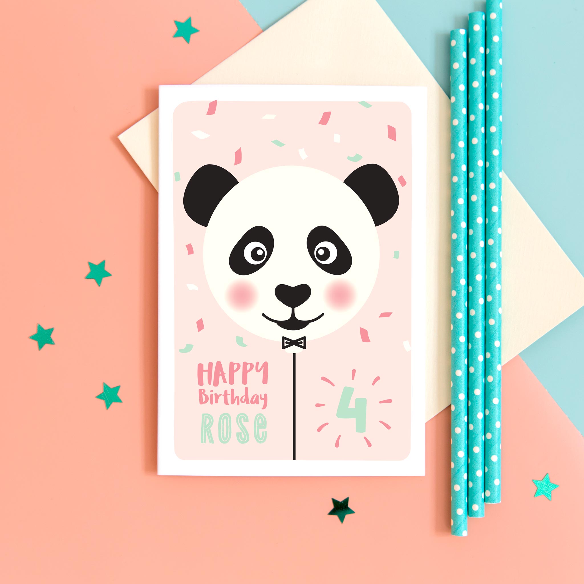 Happy birthday card with cute baby panda face on a balloon and any personalised name and age.