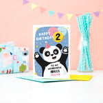 Load image into Gallery viewer, A fun and colourful card featuring a happy panda wearing a party hat, a collection of smiling balloons and a pop of confetti. The card reads happy birthday to my wonderful niece with space to personalise with a name. There is also space on a balloon to add the childs age.
