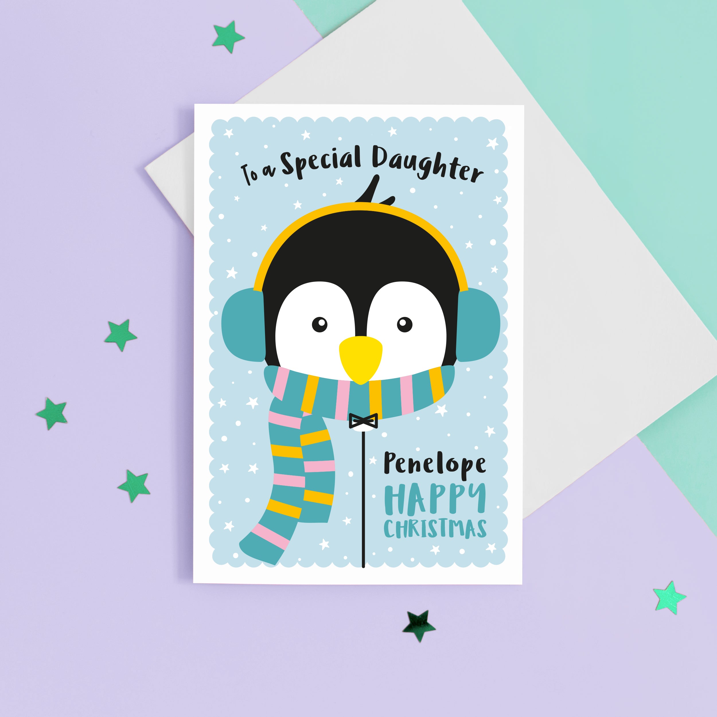 Happy christmas to a special Daughter. A cute personalised Christmas card featuring a penguin in snow wrapped up with earmuffs and scarf. Add any name and personal greeting to this card.