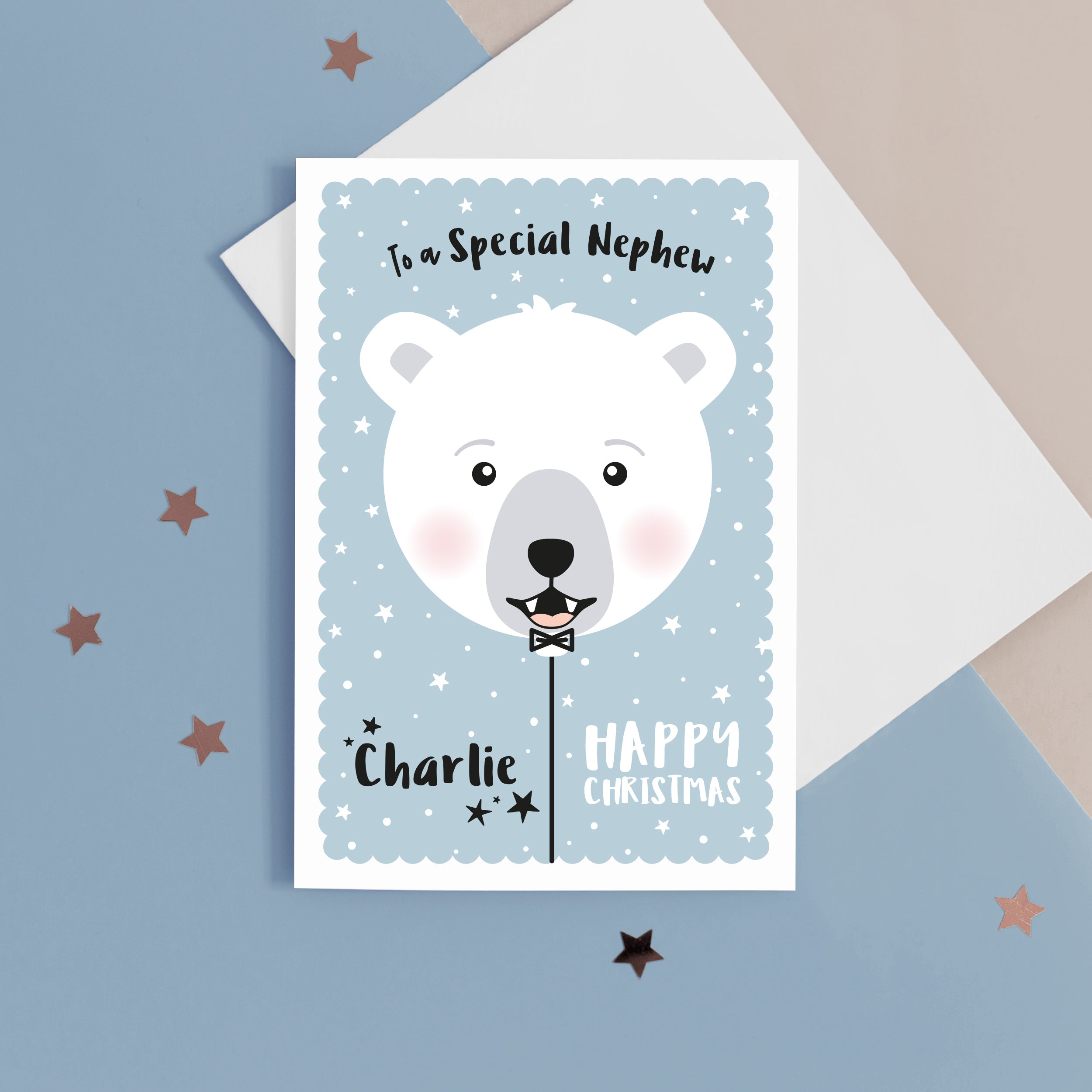 Happy Christmas to a special Nephew. A cute personalised Christmas card featuring a smiling polar bear balloon in snow and stars. Add any name and personal greeting to this card.