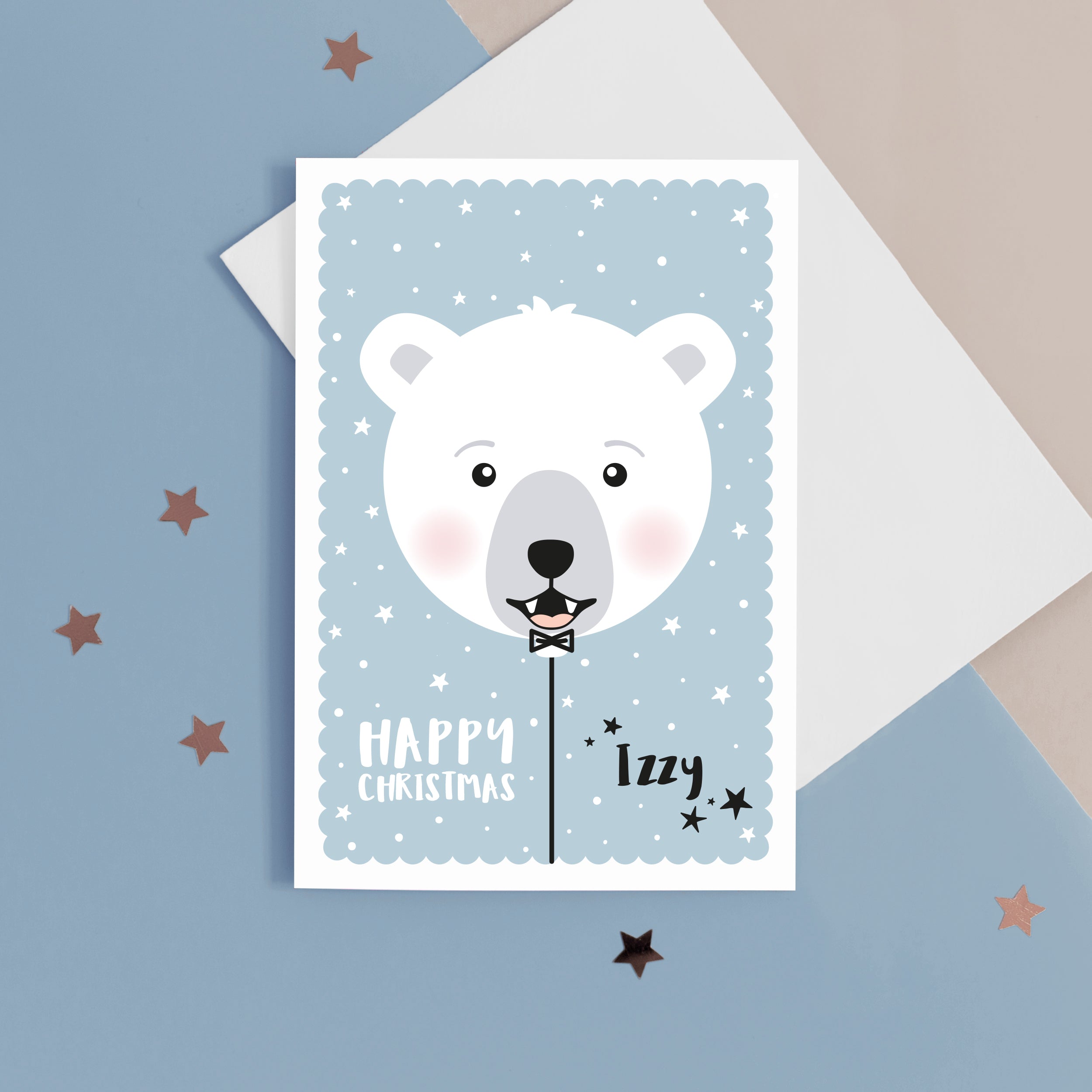 Happy Christmas. A cute personalised christmas card featuring a friendly polar bear in snow and stars. Add any name to this Christmas card.