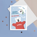 Load image into Gallery viewer, A fun Christmas card featuring two polar bears on a blue snowy background. The card reads ‘Merry Christmas to my roarsome big Brother’. The polar bears can be personalised with names to represent siblings. 
