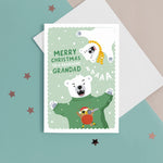 Load image into Gallery viewer, A fun Christmas card featuring two polar bears on a green snowy background. The card reads ‘Merry Christmas to my roarsome Grandad’. The card can be personalised for any recipient eg. Daddy, Grandad, Uncle etc. 
